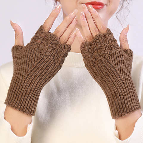 Модные трикотажные перчатки без пальцев для женщин и девочек, осенне-зимние теплые Однотонные эластичные перчатки без пальцев, рукавицы с цветочным узором 1005003073933235