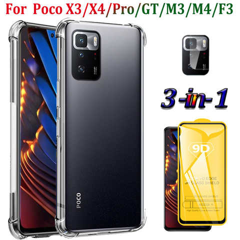 Чехол для Xiaomi Poco X4/X3 Pro Чехлы Poco X3 GT силиконовый чехол + стекло, Poco M4 Pro Case Pocophone X4 F3 M3 прозрачная подушка безопасности, чехол Poco X4-Pro 5G чехол для телефона поко x3/ м3 /м4 /x4 про 1005003076624875