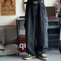 Брюки-багги HOUZHOU мужские джинсовые, черные широкие штаны, джинсы-карго оверсайз, уличная одежда в Корейском стиле, хип-хоп, Харадзюку 1005003081318308