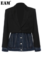 [EAM] женский черный джинсовый Длинный блейзер с отворотом, новый свободный Приталенный пиджак с длинным рукавом, весна-осень 2023, 1DE1679 1005003084884189