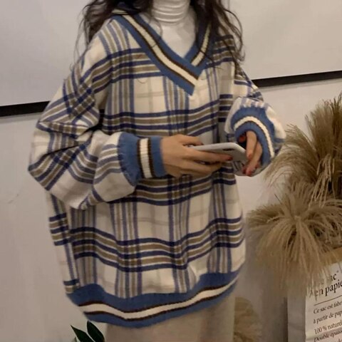 Женский теплый пуловер в клетку, свободная винтажная водолазка с V-образным вырезом и длинным рукавом, джемпер в Корейском стиле 1005003087258371