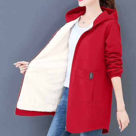 2022 6XL осенне-зимняя женская флисовая куртка, пальто, женские длинные пальто с капюшоном, верхняя одежда, теплая Толстая Женская ветровка, красная W2392 1005003091087863