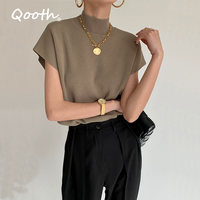 Однотонная трикотажная женская рубашка Qooth с воротником-стойкой, подходящая ко всему модная безрукавка, элегантная свободная Бриллиантовая модель QT908 1005003094150924