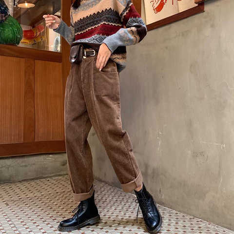 Модные вельветовые брюки Lucyever с высокой талией для женщин 2022 винтажные коричневые широкие брюки женские повседневные свободные уличные брюки для женщин 1005003103666844
