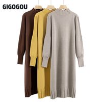 Женское длинное трикотажное платье-свитер GIGOGOU, Длинное свободное платье-туника с высоким воротником, миди-пуловер 1005003107349734