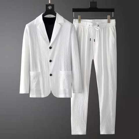 Новый модный костюм мужской весенне-летний высококачественный повседневный костюм с длинным рукавом корейский облегающий красивый комплект из двух предметов белый черный блейзер брюки 1005003110029073