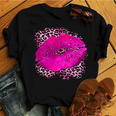 Повседневный розовый женский топ с леопардовым принтом, новинка, Женская Сексуальная футболка с принтом губ, женский модный топ 1005003113389889