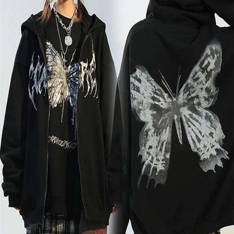 Женские толстовки большого размера в стиле хип-хоп, пальто с принтом бабочки, гранж-панк, куртка на молнии, в готическом стиле, Y2K, Свитшот в стиле Харадзюку 1005003119596827