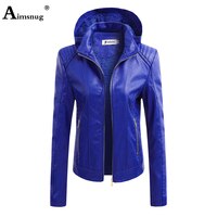 Женская куртка из искусственной кожи, верхняя одежда с капюшоном, пальто на молнии с карманами, облегающая байкерская куртка, синяя, красная женская одежда 2021 1005003124332371