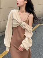 Женский комплект из 2 предметов, элегантное однотонное платье на бретелях в Корейском стиле + свободная толстовка, укороченный топ Y2k, платье миди, осень 2021 1005003129833375