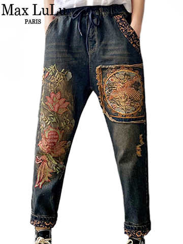 Женские джинсовые шаровары Max LuLu, Свободные повседневные брюки в британском стиле с цветочным принтом, винтажные брюки в стиле Харадзюку 1005003133534206