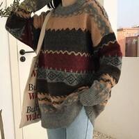 Женский винтажный свитер, вязаный пуловер, зимний полосатый джемпер, Повседневный свитер большого размера, Женский трикотажный теплый топ с длинным рукавом 1005003140857407