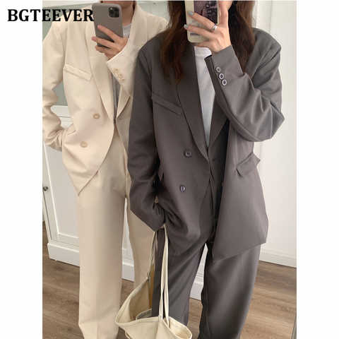Женский брючный костюм BGTEEVER, винтажный свободный двубортный пиджак с длинным рукавом и широкие брюки, Блейзер, 2021 1005003155980869