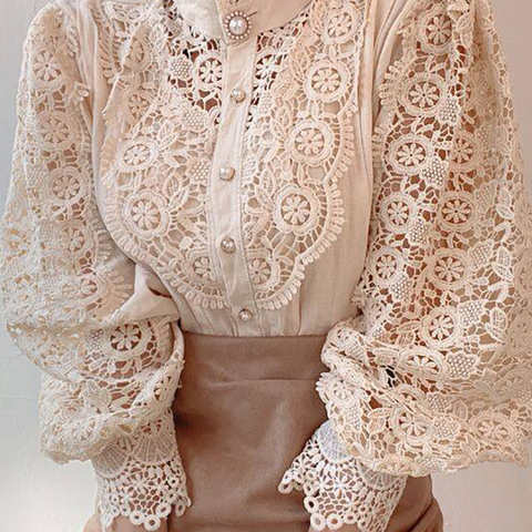 Женская шифоновая рубашка с водолазка на пуговицах, шикарная нарядная кружевная пушистая рубашка с цветочным рисунком и длинным рукавом, мода белая блузка оверсайз 2022 1005003185801640