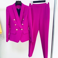 Женский офисный брючный костюм, комплект из двух предметов, двубортный блейзер с золотыми пуговицами и брюки, деловые костюмы, фиолетового, желтого и розового цвета 1005003194744571