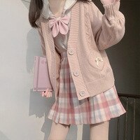 Anbenser кардиган оверсайз весенний японский кавайный модный розовый кардиган женский винтажный укороченный вязаный свитер с милым бантом сердечком корейский школьный пиджак JK 1005003197378960