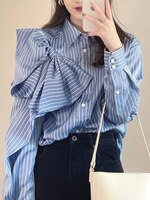 Рубашка женская с большим бантом, свободная блузка в полоску, с отложным воротником и длинным рукавом, с пуговицами, в оригинальном стиле, синяя 1005003203139066