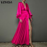 Вечернее платье VONDA 2022, Летние Плиссированные Макси-платья с длинным рукавом и высоким разрезом, сексуальное женское платье с глубоким V-образным вырезом и поясом, богемные платья 1005003203736767
