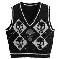 Y2K Готический вязаный свитер, жилет с рисунком черепа и ромбиками, трикотажный пуловер с V-образным вырезом, модный джемпер, топ, женская уличная одежда на Хэллоуин 1005003205801596