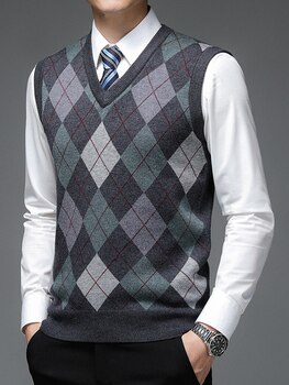 Новые осенние модные дизайнерский бренд, связанное с узором "ромбиками" пуловер свитер с бриллиантом V образным вырезом вязанный шерстяной жилет для мужчин 6% шерстяное платье без рукавов, на каждый день мужская одежда 1005003208472787