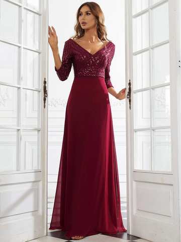 Женское длинное вечернее платье Ever Pretty, шифоновое простое платье-трапеция до пола с контрастными блестками и V-образным вырезом, для выпускного вечера, 2022 1005003208570011