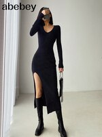 Весенне-зимнее сексуальное платье-свитер с французским разрезом, женские облегающие платья выше колена 1005003214490350