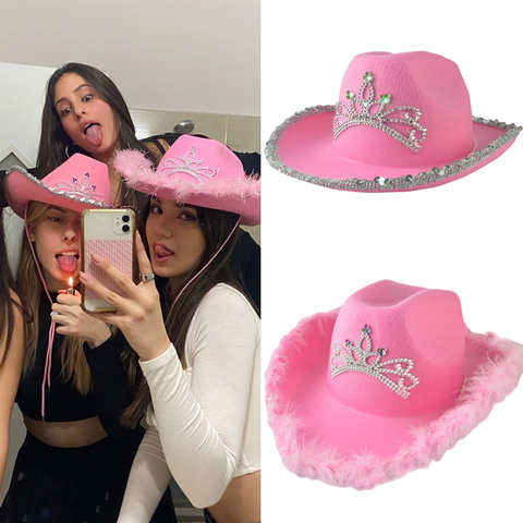 2021 розовая ковбойская шляпа в западном стиле, кепка коровки с тиарой для женщин, ковбойская Кепка из искусственной кожи, костюм на день рождения, шляпа для вечеринки 1005003215817154