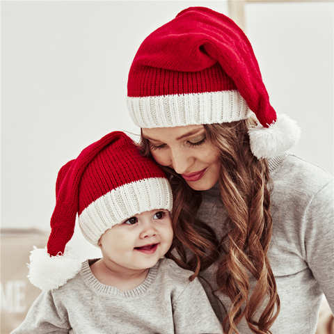 Рождественские Семейные сочетающиеся шапки красный Санта Клаус детская вязаная шапка для мам с помпоном шапка для мамы Папины малыша шапочка Рождественский фестиваль 1005003227257013
