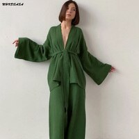 Кимоно NHKDSASA, пижама, новинка 2021, брюки из 100% хлопка и крепа с длинными рукавами, женская одежда для сна, Женский костюм для дома 1005003228251976