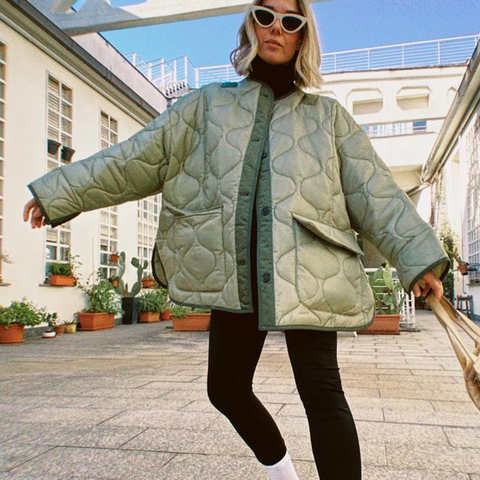 ZXQJ женская зеленая стеганая парка сезона осень-зима 2021, модная женская Свободная хлопковая куртка оверсайз, Женское пальто с длинным рукавом и круглым вырезом 1005003237556440