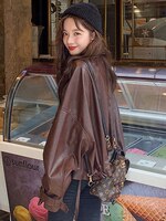 Lautaro весенняя короткая оверсайз коричневая мягкая легкая куртка из искусственной кожи женская с длинным рукавом черная свободная осень корейская мода 2021 кожаная куртка женская кожаный плащ верхняя одежда для женщи 1005003238973357