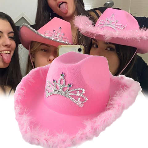 Ковбойская Кепка в западном стиле, розовая шапка Cowgirl для женщин, стандартная шапка Cowgirl, праздничный костюм, шляпа для вечеринки с перьями и краями, фетровая шляпа 1005003251920254