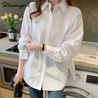 Белая женская рубашка оверсайз, осенняя однотонная блузка с отложным воротником, женские рубашки, Повседневная Свободная хлопковая рубашка, Женская белая рубашка 1005003257719461