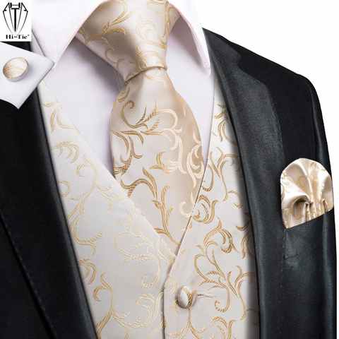 Hi-Tie, 100% шелк, цвета слоновой кости, бежевый, шампанского, золотой, мужские жилеты, галстук, платок, запонки, набор, жаккардовый жилет, жилет для мужчин, костюм, платье 1005003261199984