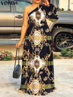 Женский праздничный сарафан на одно плечо, макси-платье 2022 VONDA, длинное плиссированное платье с длинным рукавом и цветочным принтом, Повседневное платье 1005003263692036