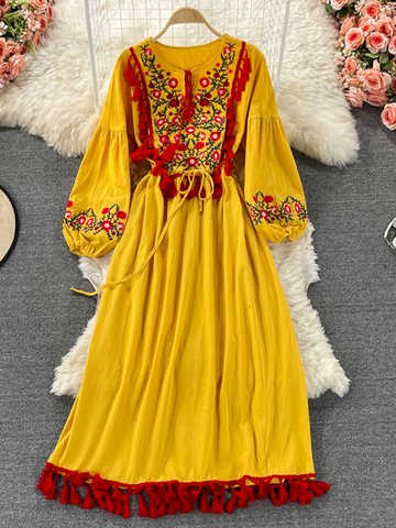 Женское платье-миди с вышивкой и бахромой, из хлопка и льна 1005003279766058