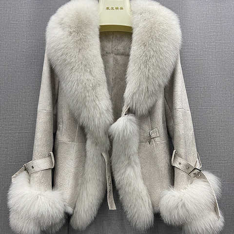 Женская шуба из натурального меха кролика, зимняя теплая куртка с воротником из натурального Лисьего меха, 2021 1005003294529406