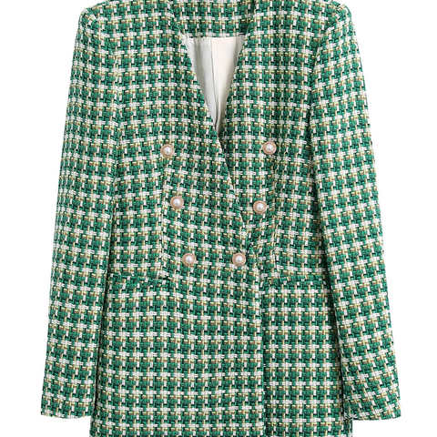 Женский твидовый двубортный пиджак, офисный пиджак зеленого цвета с длинным рукавом, верхняя одежда, 2021 1005003294662382