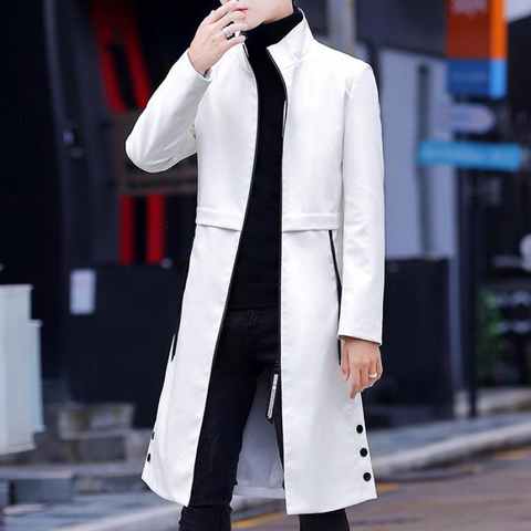 Весна 2022, белые длинные кожаные куртки, мужские кожаные тренчи, стильные облегающие пальто с воротником-стойкой в стиле стимпанк, модные черные 1005003302349048