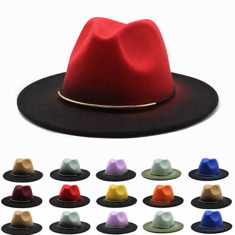 Шляпа Федора с широкими полями для мужчин и женщин, церковная Панама с красным градиентом и золотым ремнем, искусственная джазовая шапка в британском стиле 1005003310206634