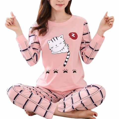 Женский костюм, зимний пижамный комплект с милым мультяшным принтом кота, женская пижама из двух предметов с длинным рукавом, брючные костюмы 1005003313138964