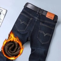 Мужские классические джинсы с флисовой подкладкой, темно-синие свободные повседневные эластичные брюки, брендовые теплые брюки с бархатной подкладкой 1005003315872602