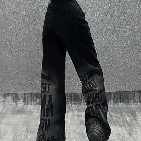 Черные прямые винтажные джинсы, женские свободные джинсы-бойфренды, женские брюки в стиле панк с надписью, забавные готические крутые женские джинсы 1005003316610539