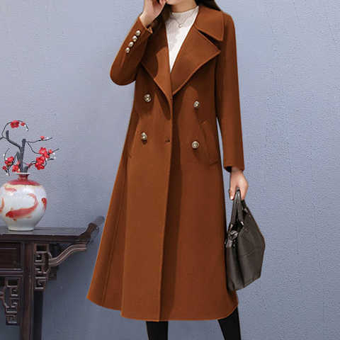 Осенне-зимние теплые шерстяные пальто, женская модная двубортная шикарная верхняя одежда, однотонное утепленное Женское пальто с длинным рукавом 1005003318066763