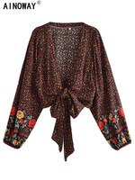 Винтажная женская блузка из вискозы с цветочным принтом 1005003322502945