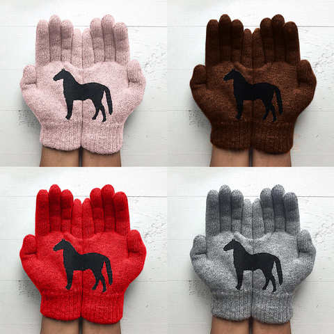 Женские зимние плотные теплые вязаные перчатки с закрытыми пальцами, прикольные черные лошади, асимметричные Лоскутные эластичные уличные лыжные варежки с ладонью 1005003333254967