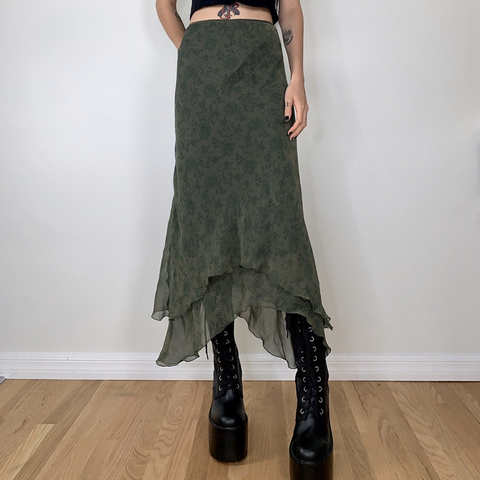 Fairycore гранж зеленые Асимметричные миди-юбки 2000s ретро элегантная женская шифоновая юбка с высокой талией и оборками Женская винтажная уличная одежда 1005003334329206