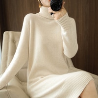 Женское шерстяное платье-водолазка, толстый вязаный свитер большого размера, Базовая рубашка из кашемира, длинная юбка, Осень-зима 2021 1005003337010156