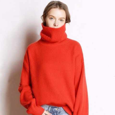 Женский вязаный свитер-водолазка, красный толстый вязаный пуловер с длинным рукавом, Свободный Топ на осень и зиму 1005003366143183