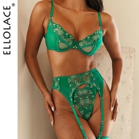 Женский комплект из 3 предметов Ellolace, сексуальное женское белье с вышивкой, кружевное зеленое экзотическое чувственное нижнее белье с подвязками 1005003380033641